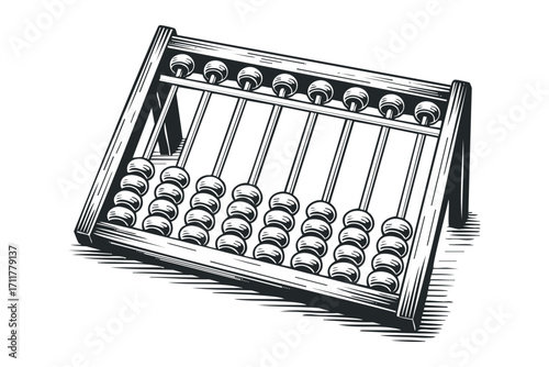 Wooden abacus with beads on rods for calculation. Vector hand drawn illustration