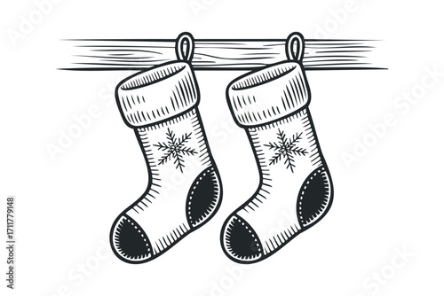 Two Christmas stockings with snowflakes hanging on a wooden beam. Vector hand drawn illustration