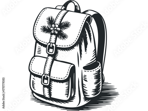 Vintage Backpack with Floral Accents. Vector hand drawn illustration