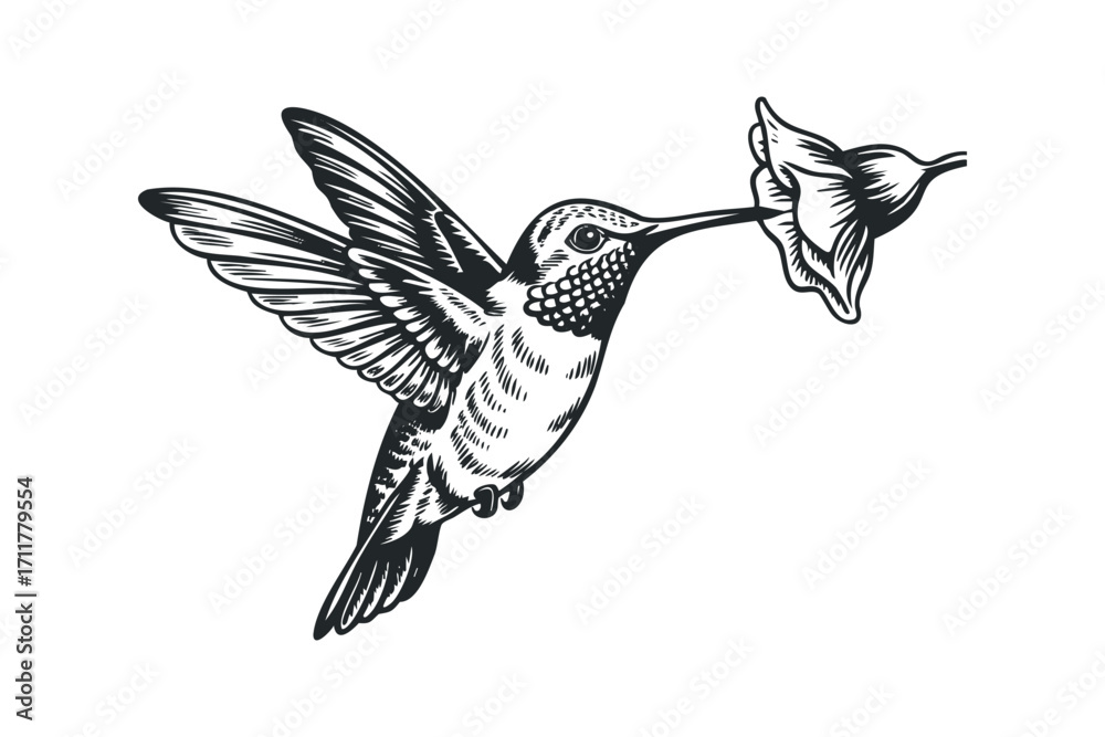 Fototapeta premium Hummingbird hovering to drink nectar from a flower. Vector hand drawn illustration