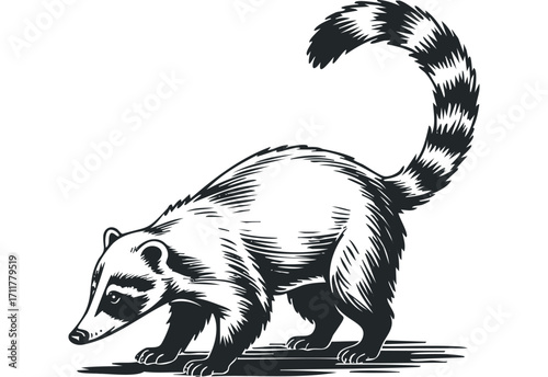 Coati with striped tail on. Vector hand drawn illustration