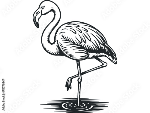 Flamingo standing on one leg in shallow water. Vector hand drawn illustration