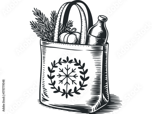 Hand drawn shopping bag with pine needles and pumpkin. Vector hand drawn illustration