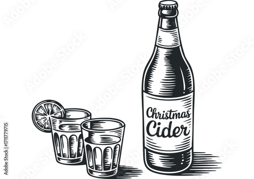 Bottle of Christmas Cider with two glasses and lime slice. Vector hand drawn illustration