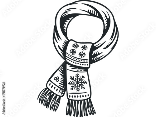 Hand drawn scarf with snowflakes and fringe. Vector hand drawn illustration