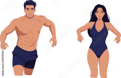 Fit muscular man and beautiful woman in swimwear, summer beach fashion, swimsuit illustration, active lifestyle, healthy body, holiday vacation