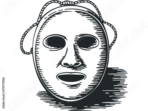 Isolated Antique Face Mask with Open Mouth and Rope Detail. Vector hand drawn illustration