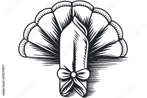 Folded Napkin with Bow and Fan Shape. Vector hand drawn illustration