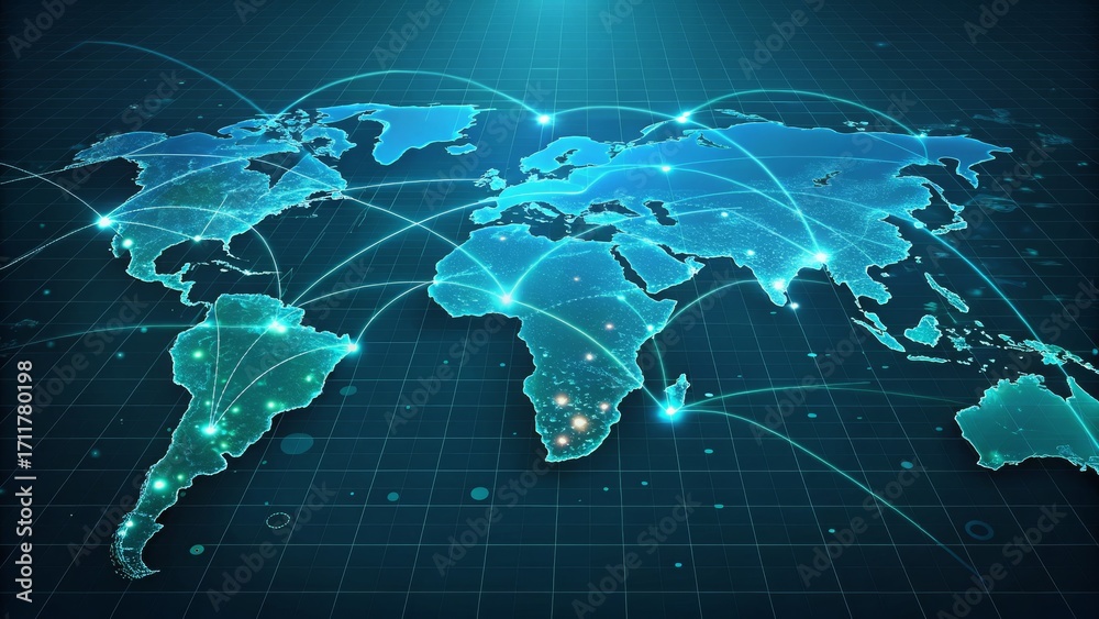 Fototapeta premium a digital world map with a glowing network overlay, representing global communication, international business connectivity, and modern technology in a digital age