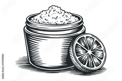 Jar of coarse scrub with sliced citrus fruit. Vector hand drawn illustration