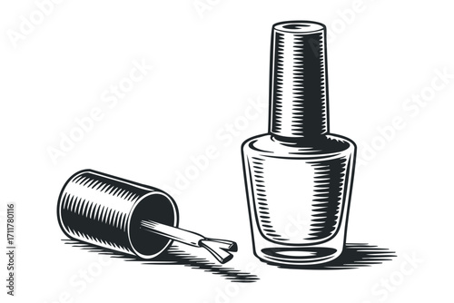 Nail polish bottle and brush graphic with transparency. Vector hand drawn illustration