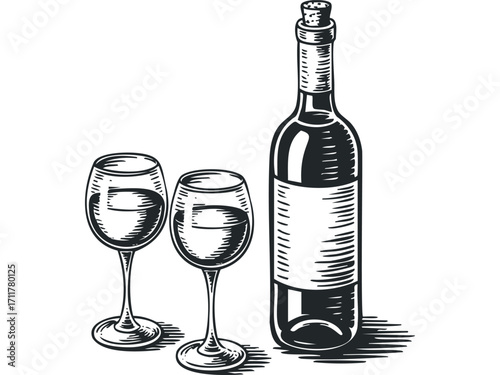 Sketch of a wine bottle and two glasses filled with liquid on a. Vector hand drawn illustration