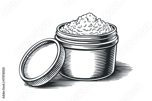 Opened jar with granular substance. Vector hand drawn illustration
