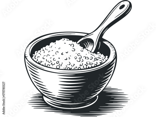 Wooden bowl filled with granular substance and scoop. Vector hand drawn illustration