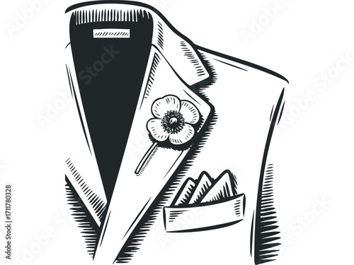 Formal jacket with flower boutonniere and pocket square. Vector hand drawn illustration