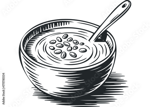 Bowl of soup with spoon and beans. Vector hand drawn illustration