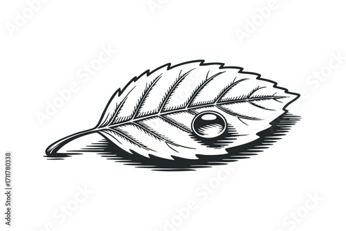 Line art leaf with single water drop. Vector hand drawn illustration