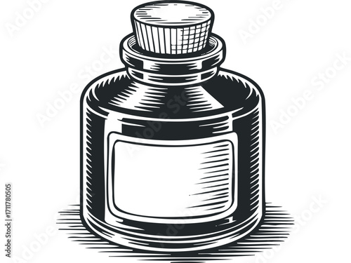 Vintage glass bottle with cork stopper and blank label. Vector hand drawn illustration