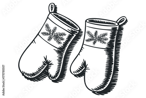 Pair of hand drawn oven mitts with winter greenery decoration. Vector hand drawn illustration