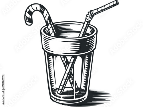 Glass with Drinking Straw and Candy Cane. Vector hand drawn illustration