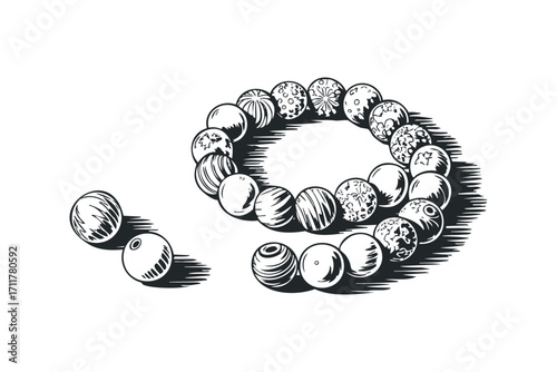 Ornate beaded necklace spiral and loose beads,. Vector hand drawn illustration