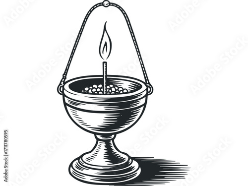 Vintage hanging censer with burning incense and flame. Vector hand drawn illustration