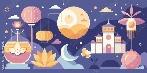 Flat design night scene with lanterns and temple moon