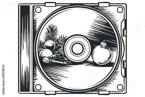 CD case with Christmas ornaments and pine branches. Vector hand drawn illustration