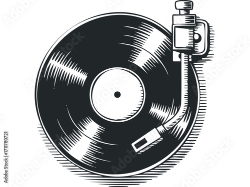 Vintage vinyl record player arm on spinning record. Vector hand drawn illustration