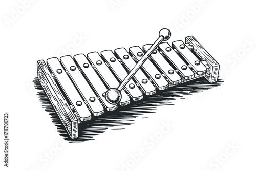Xylophone musical instrument with mallets. Vector hand drawn illustration