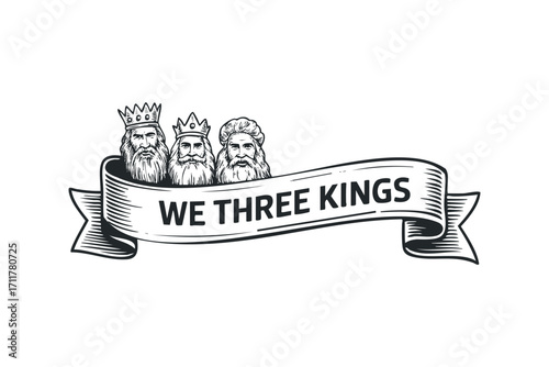 Three Kings Christmas holiday figures banner with text on. Vector hand drawn illustration