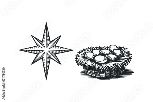 Engraving style starburst and nest with eggs. Vector hand drawn illustration