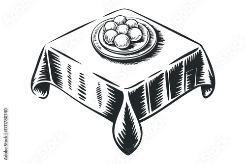Table with draped cloth and plate of round food items. Vector hand drawn illustration