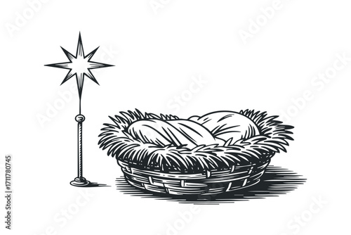 Nativity manger with star symbol. Vector hand drawn illustration