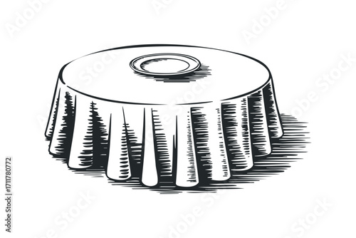 Elegant draped table with plate on top isolated on white. Vector hand drawn illustration