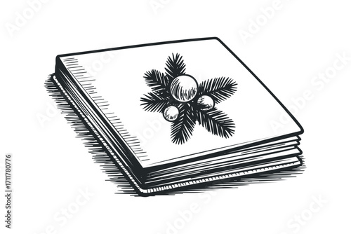 Hand drawn book with pine sprig and baubles. Vector hand drawn illustration