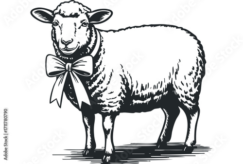 Black and white graphic of a sheep wearing a bow tie. Vector hand drawn illustration
