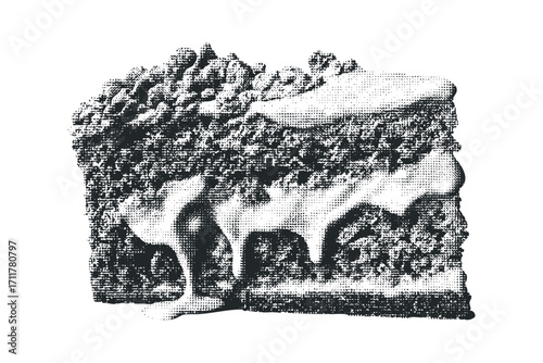 Textured black and white drawing of a slice of cake with melting icing. Vector hand drawn illustration