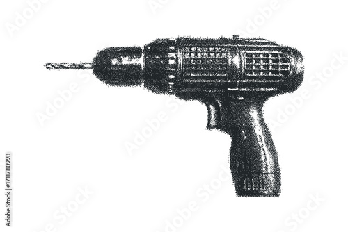 Power drill with metal drill bit, isolated. Vector hand drawn illustration