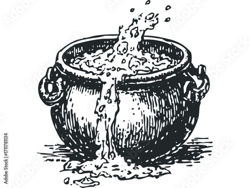 Sketch of a cauldron overflowing with bubbling liquid. Vector hand drawn illustration