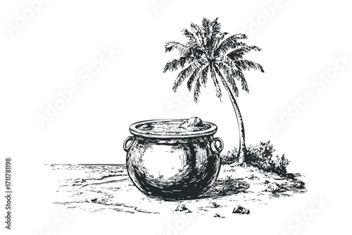Sketch of large pot on sandy beach with palm tree and ocean waves. Vector hand drawn illustration