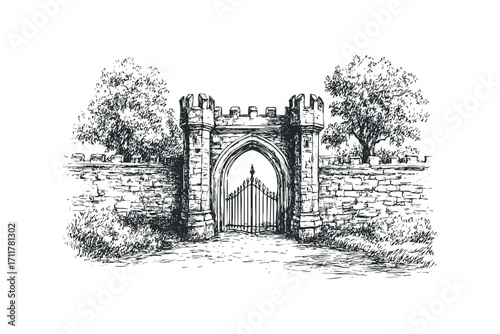 Sketch of ornate wrought iron gates and stone turreted wall. Vector hand drawn illustration