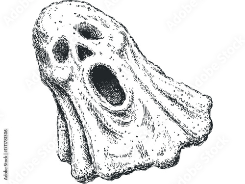 Hand drawn ink sketch of a spooky ghost figure on. Vector hand drawn illustration