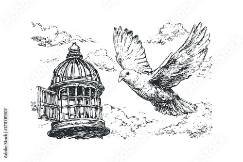 Bird flying from an open cage into cloudy sky sketch. Vector hand drawn illustration