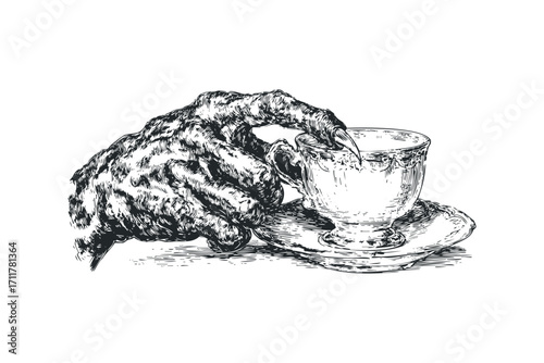 Scary monster claw holding antique teacup and saucer. Vector hand drawn illustration