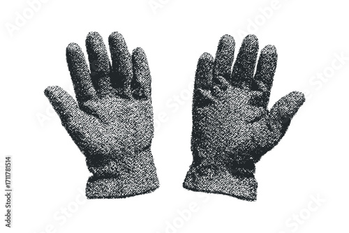 Pair of textured gloves displayed from above on a white canvas. Vector hand drawn illustration