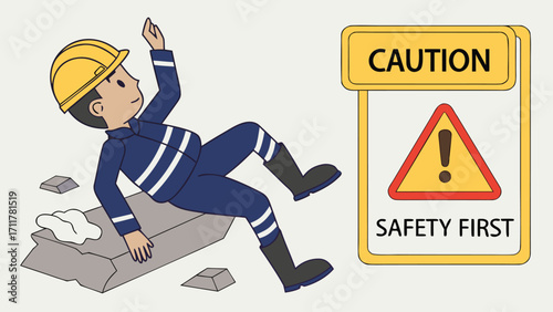 Cartoon worker slips on hazard in construction site, a reminder for caution and safety first, ideal for promoting workplace safety awareness