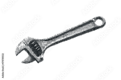 Adjustable wrench tool with halftone dot texture on a white. Vector hand drawn illustration