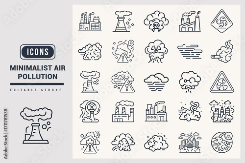 Minimalist Icons Representing Air Pollution Effects and Sources White Background.