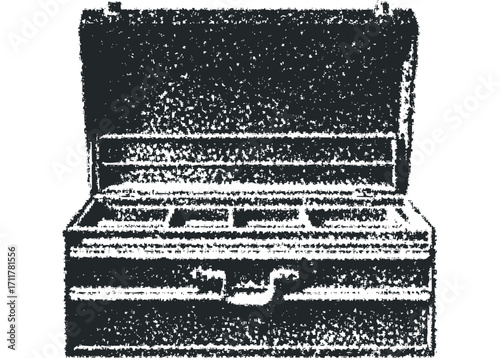Open briefcase with textured distressed appearance. Vector hand drawn illustration